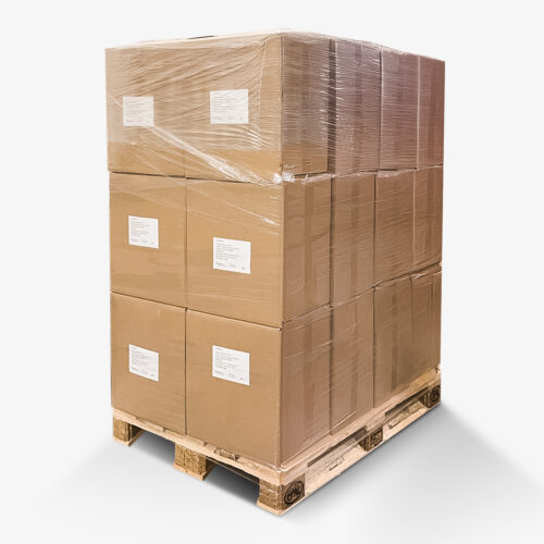 Pallet of NutriLeads Benicaros® SF P cartons shrink-wrapped with white shipping labels and packing list